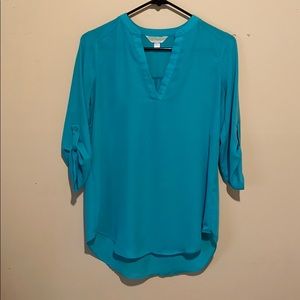 Turquoise Boho Blouse 3/4 Tie Sleeve Split V-Neck Flowy Top
